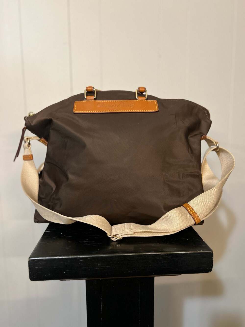 Dooney & Bourke Brown Nylon Satchel with Florentine Vacchetta Leather Trim